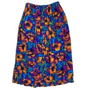 Vintage Bright Floral Tropical Print Midi Skirt M